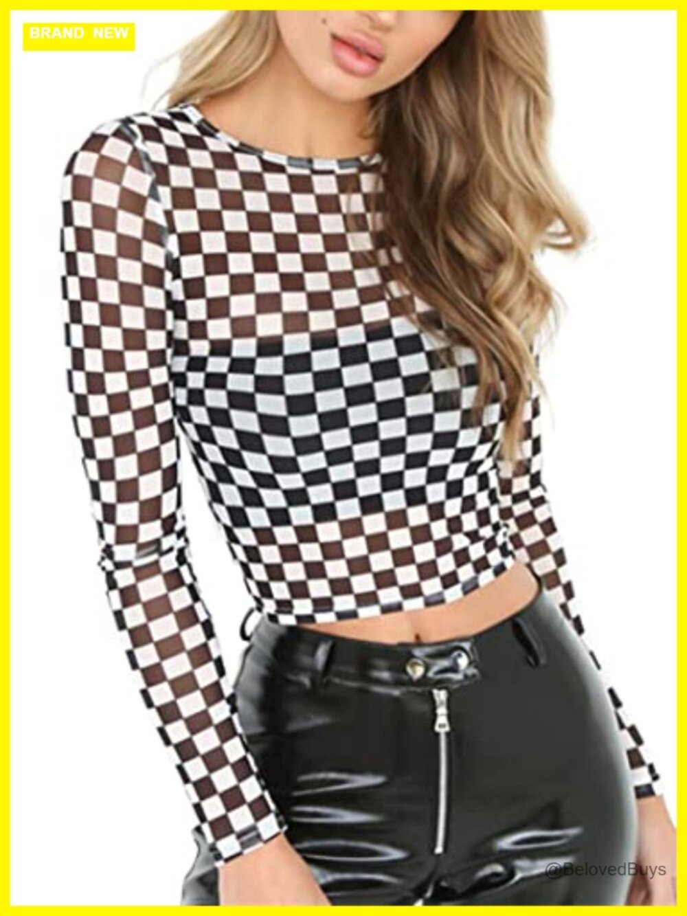 Women's Long Sleeve Checkered Print Sheer Mesh Crop Top Slim Fit Tee